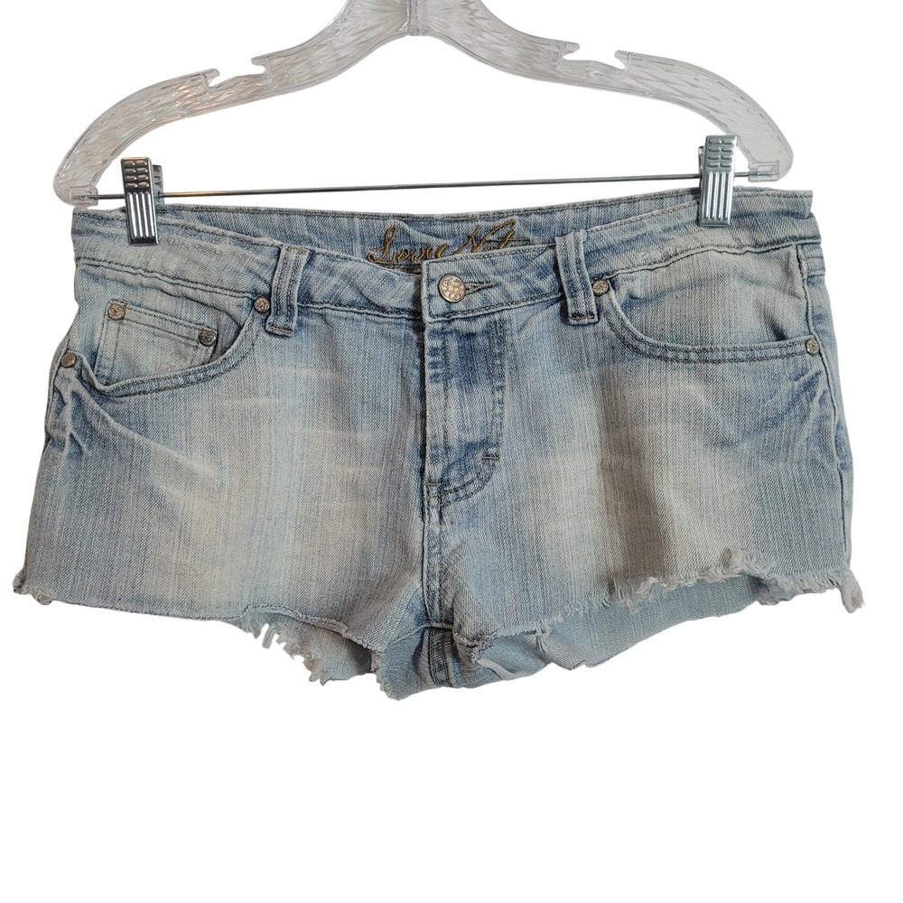 Love‎ Notes Rhinestone Cross Denim Cutoff Micro Shorts Size 9 / 10 Y2K Low Rise